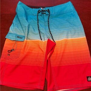 Reef Men's Blue Orange Red Gradient Stripe Board Shorts